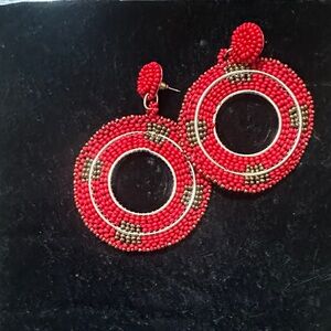 Vibrant Red Beaded Circle Earrings
